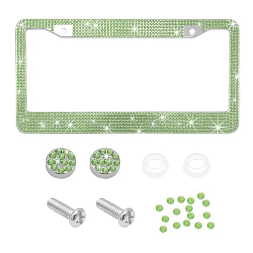 Ohleats Car License Plate Frame Sparkling Stainless Steel License Plate Frame Bling Diamond License Plate Holder Cover for Women Men Universal Exterior Car Accessories Light Green