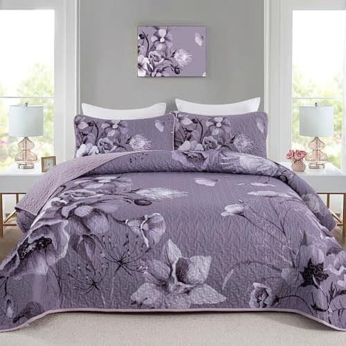 Floral Quilt Set King Size Bedding Set 3 Pieces Dark Purple Boho Floral Quilt Bedspread Soft Microfiber Lightweight Flower Coverlet Set with 2 Pillow Shams for All Season 90"x104"