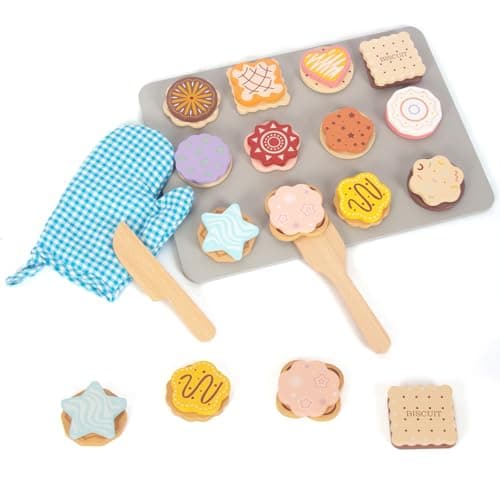 Slice and Bake Wooden Cookie Play Food Set for Kids Kitchen Toys Food Accessories for Toddlers Pretend Play Baking Set for 3 4 5 Years Old Girls Boys Birthday Gifts Nomal Blue