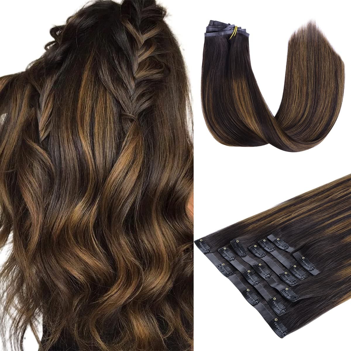 HOTBANANA Seamless Clip in Hair Extensions 20 inch 150g 7pcs Dark Brown Mixed Chestnut Brown Clip in Remy Human Hair Extensions Straight Hair Invisible PU Skin Weft