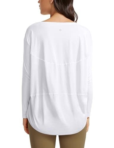 CRZ YOGA Pima Cotton Boat Neck Long Sleeve Shirts for Women Workout Athletic Yoga Casual Tops Loose Fit Fall TShirts White Small