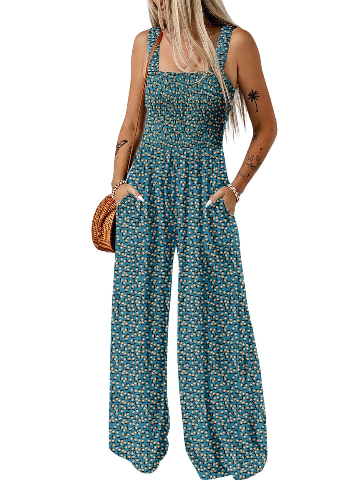 Dokotoo Womens Oversized Green Jumpsuits for Women Overalls Loose Casual Wide Leg One Piece Sleeveless Printed Jumpsuit Long Pant Rompers with Pockets 2025 Fashion XL