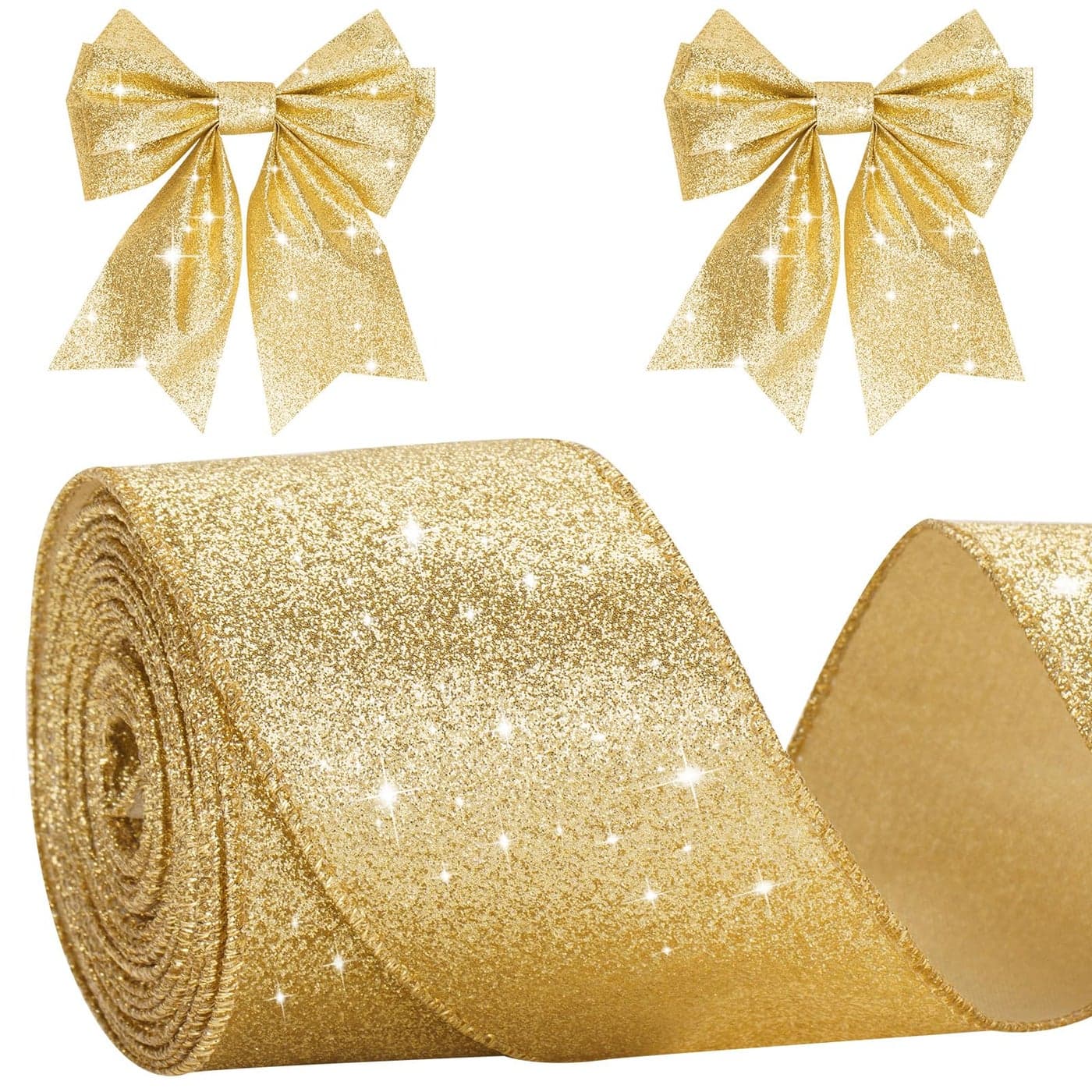 KINGLAKE Gold Wired Glitter Christmas Ribbon 6cm Metallic Wrapping Ribbon for Gift Wrapping Wreaths Crafts Christmas Trees Weddings 10m