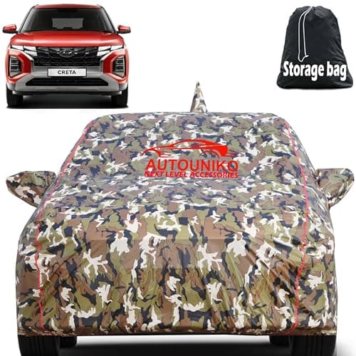AUTOUNIKO Waterproof Car Body Cover for Hyundai Creta with Mirror and Antenna Pocket and Soft Cotton Lining (Full Bottom Elastic Triple Stitched) (Jungle Print with Red Piping)
