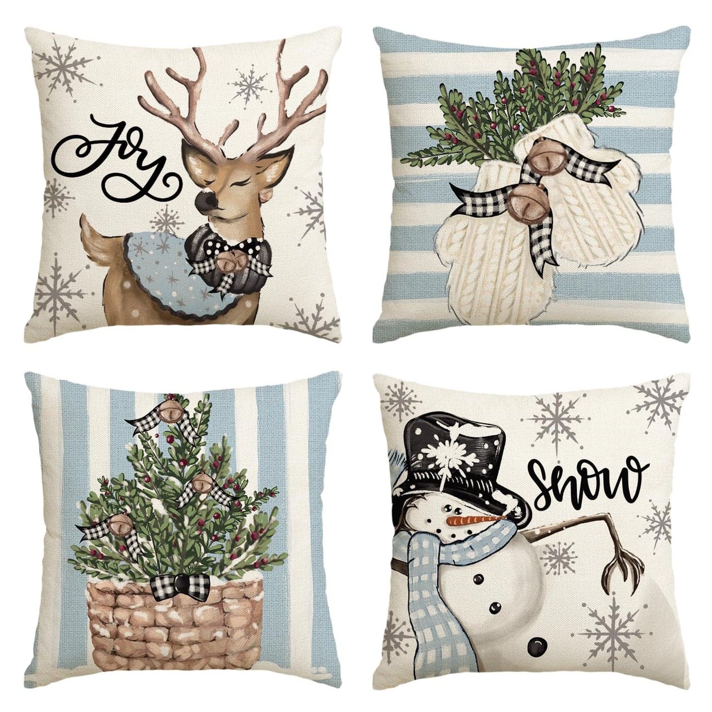 AVOIN colorlife Christmas Snowman Reindeer Gloves Eucalyptus Blue Throw Pillow Covers 20 x 20 Inch Winter Holiday Stripes Cushion Case Decoration for Sofa Couch Set of 4
