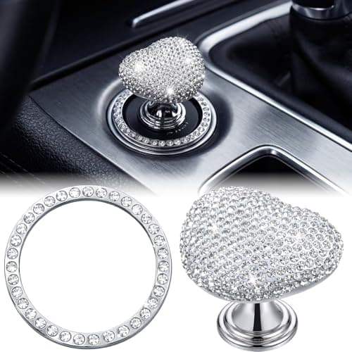 Novabright 2 Pcs Bling Push to Start Button Cover Rhinestone Car Engine Start Ring, Heart Button Cover Crystal Decoration Set, Car Interior Accessories Sticker Decals for Women & Girl(Silver)