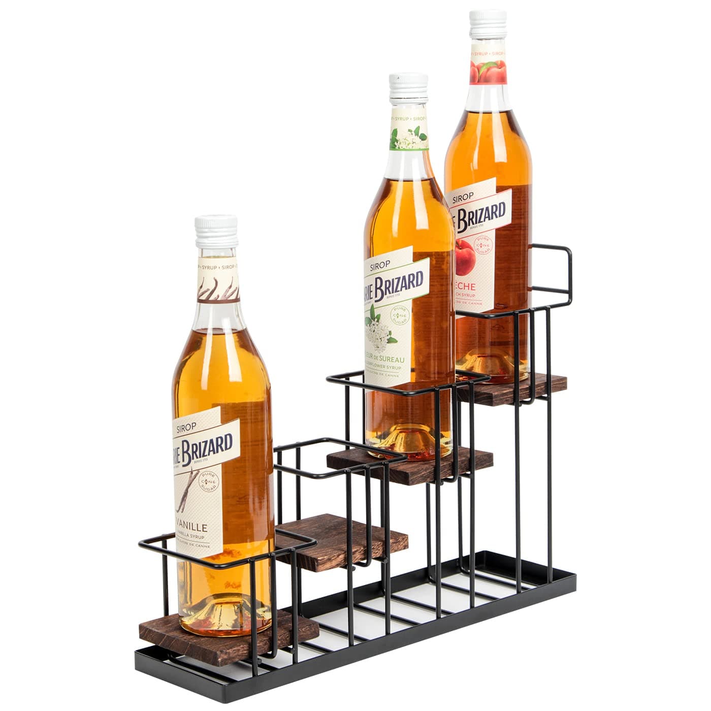 Coffee Syrup Organizer Rack Rustic Wood and Metal Wire 4Tier Display Holder Coffee Station Bar Accessory for Syrup Wine Dressing Bottle Countertop Display Storage Stand for Kitchen MK816A