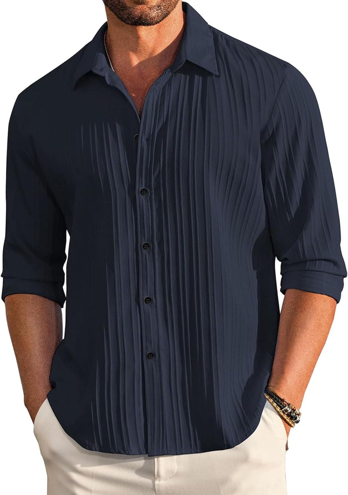 DEELMO Men's Casual Button Down Shirts Long Sleeve Linen Shirt Fashion Textured Beach Summer Shirt Navy Blue