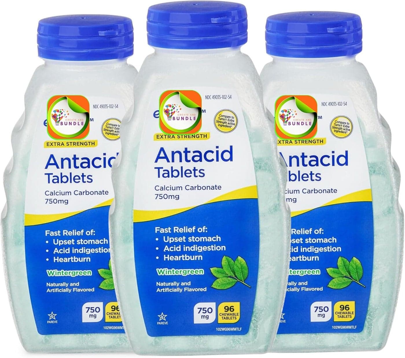 Antacid Chewable Tablets 750 mg Wintergreen Flavor Calcium Enriched Peppermint 96 Ct Pack of 03 Total 288ct