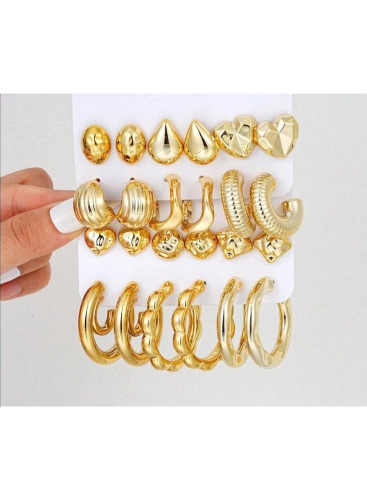 12-Piece Gold Colour Hoop & Stud Earring Set Geometric Design, Lightweight Alloy (Size: 2cm–4.4cm)