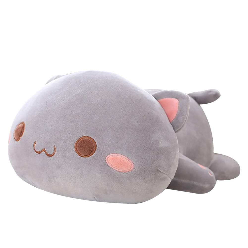 Jensquaify Cat Stuffed Animals, Soft Cat Plush Pillow Kawaii Kitten Stuffed Animal Toy Gifts for Kids (Grey Round Eyes, 13.7")