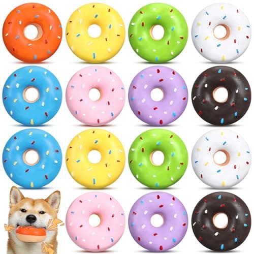 JellyArch 16 Pcs Latex Squeaky Dog Toys Donut Small Dogs Squeaky Chew Toys for Aggressive Chewers Soft Interactive Fetch Play No Stuffing Durable Teething Items for Small Puppy