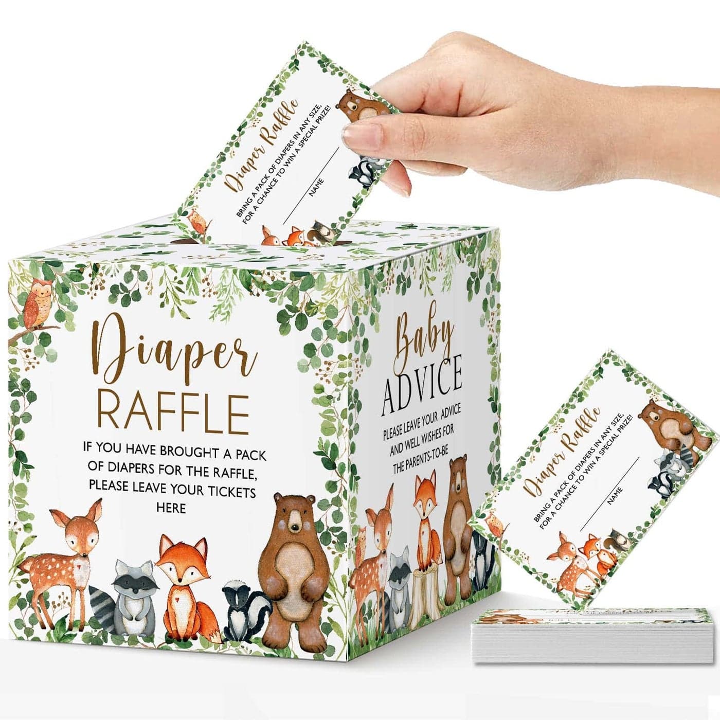Yuzioey Woodland Diaper Raffle Tickets and Baby Advice Woodland Forest Baby Shower Diaper Raffle Game Box Tickets Diaper Raffle Tickets for Woodland Gender Neutral Baby Shower