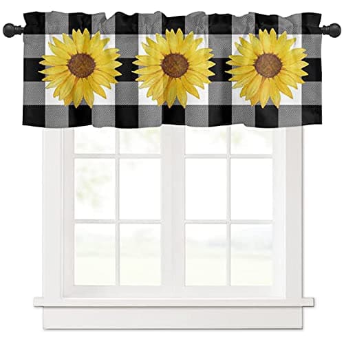 Watercolor Sunflower Kitchen Valances Curtains for Windows Rod Pocket Valances for Living Room Bathroom,1 Panel Black White Buffalo Plaid Farm Short Topper Treatments Curtains Over Sink, 54x18in