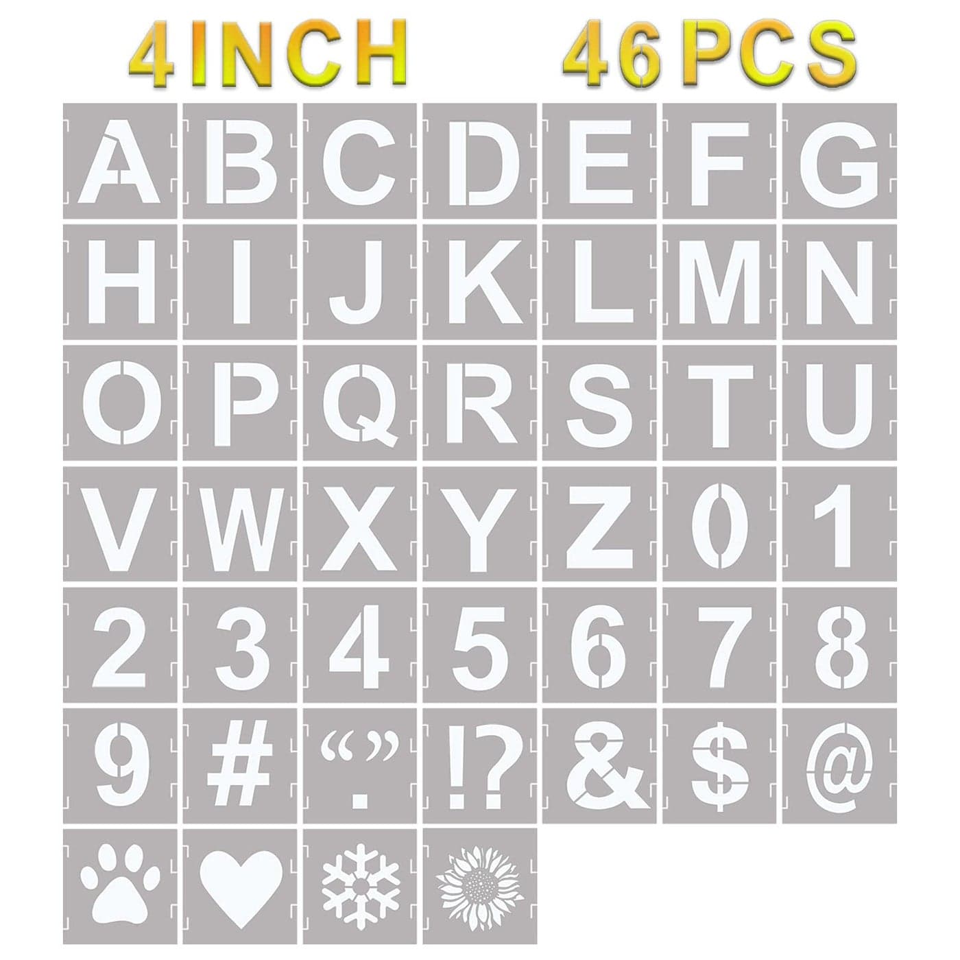 46 Pcs Letter Stencils Symbol Numbers Craft Stencils Reusable Alphabet Templates Interlocking Stencil Kit for Painting on Wood Wall Fabric Rock Sign4 Inch
