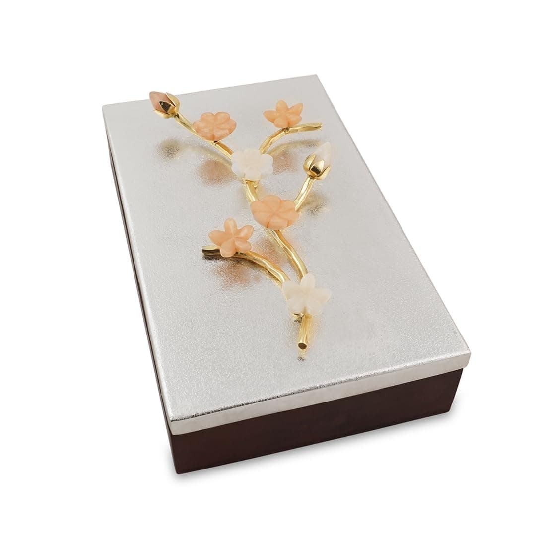 Bloom Box Premium Wooden Base with SilverPlated Brass Lid Resin Buds Decorative Storage Box Elegant Home Decor