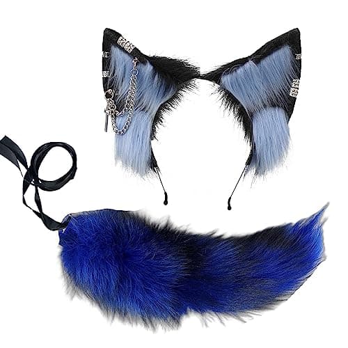 VIGVAN Fluffy Wolf Ear Headband Wolf Tail Set for Halloween, Cosplay, Themed Parties (Black Red)