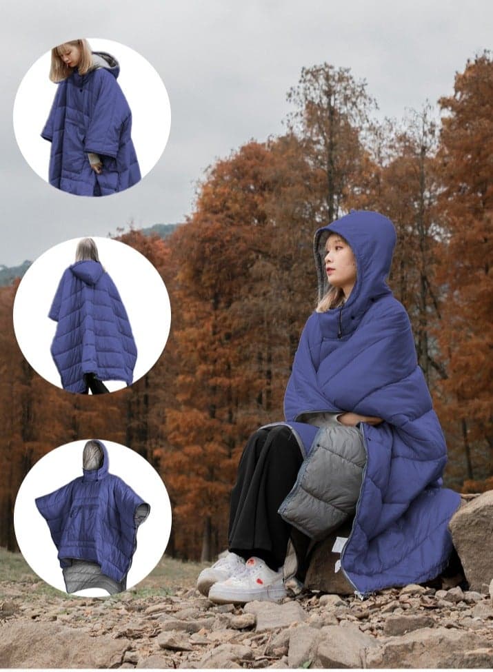Wearable Camping Blanket, Lightweight Waterproof Sleep Bag, Multifunctional Warm Travel Quilt, Compact Wearable Poncho, Lazy Lounge Cotton Blanket with Detachable Hood for Camping, Hiking