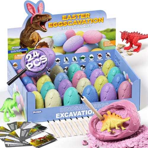 24 Pack Colorful Dinosaur Eggs Excavation Kit with Learning Cards Dino Dig STEM Science Toy for Kids Easter Basket Stuffers Party Favors Birthday Gifts Classroom Activities for Boys Girls Age 3