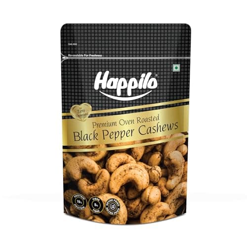 Happilo Salted Black Pepper Whole Cashews 160g|Crunchy Nuts|Non-Fried|Zero Cholesterol Natural Jumbo Size Whole Kaju Nuts & Dry Fruits|Rich in Protein, Roasted Crunchy Delicious Healthy Snacks