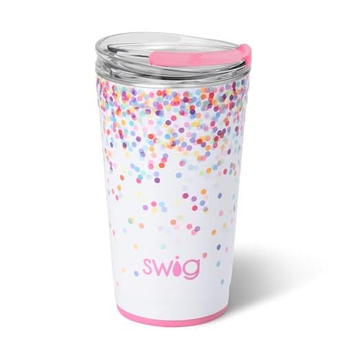 Swig Life 24oz Party Cup, Stackable Insulated Travel Coffee Tumbler with EZ Slider Lid, Cup Holder Friendly, Stainless Steel 24 oz Tumbler, Reusable Coffee Mug (Confetti)