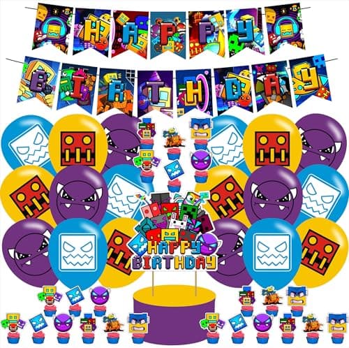 Geometry Dash Birthday Party Decorations ,Geometry Dash Birthday Party Favor with Banner, Ballons,Cake Topper, Cupcake Toppers for Boys Girls Fans Geometry Dash Party Supplies, Purple