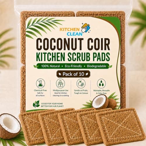 Kitchen Clean ™ 10 Pcs Large Coconut Coir Kitchen Scrub | Natural Nariyal Juna for Kitchen | Eco-Friendly Dish wash Scrubber | Nariyal Scrub Natural Juna (Large Size: 4x6 inch, Pack of 10)