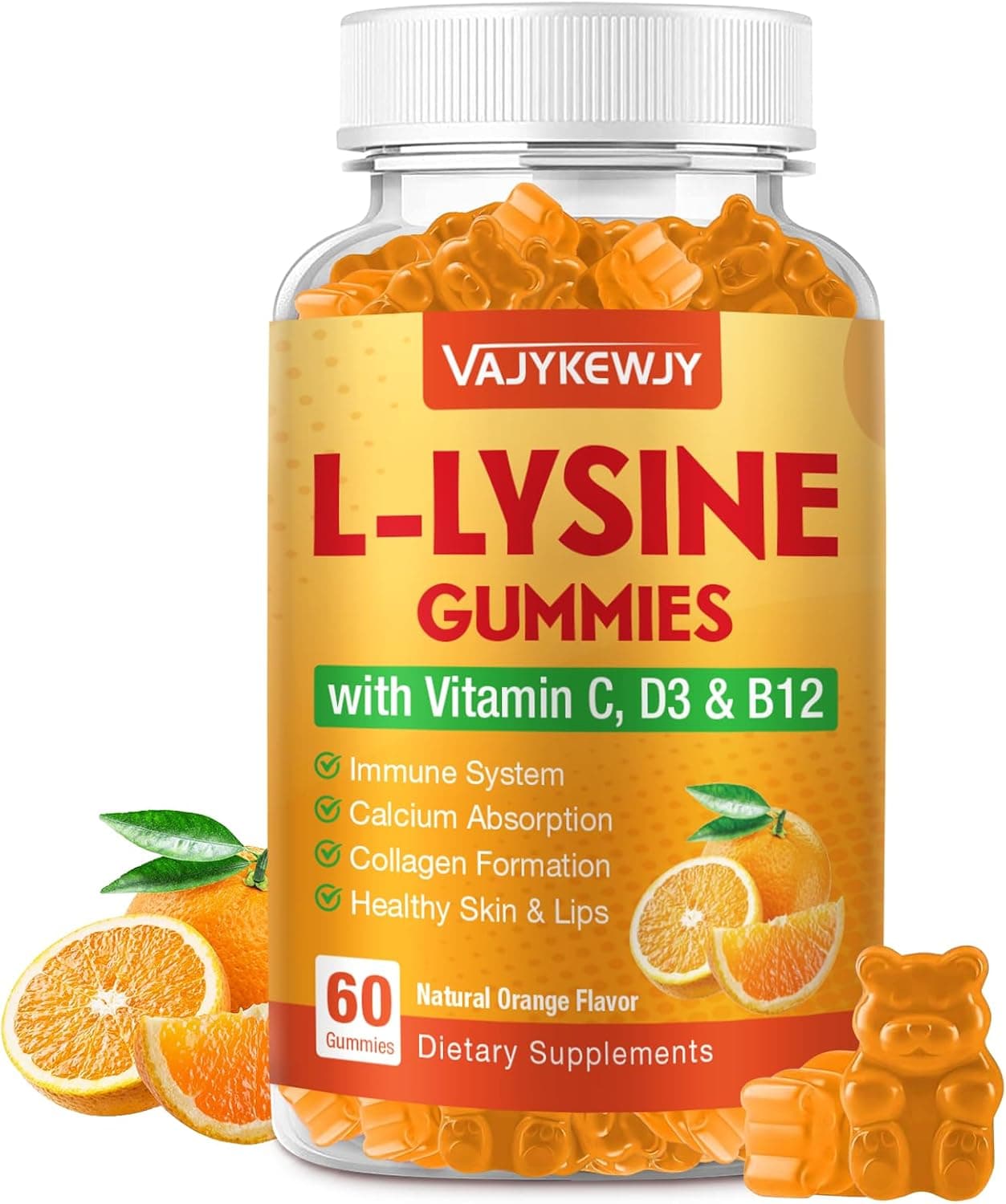 LLysine Gummies 1000 mg for Immune Support Delicious Orange Flavor Vegan NonGMO GlutenFree 60 Count