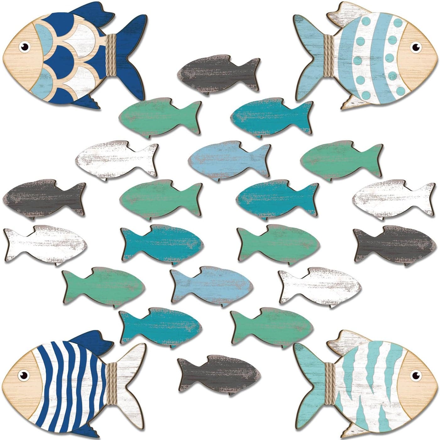 Burbell 24 Pcs Fish Wall Decor Wood Nautical Beach Decorations Hanging Fish Wall Art for Home Outdoor Lake House Home Bathroom Patio Pool