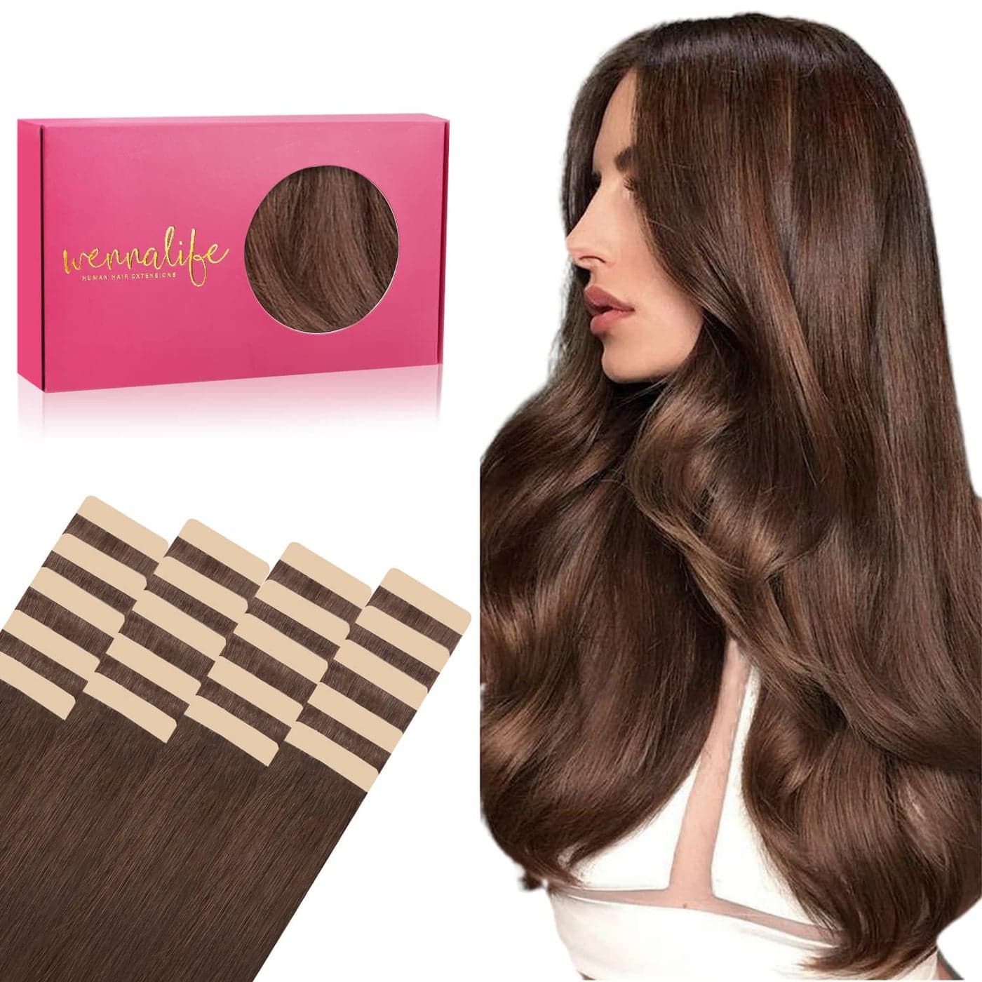 WENNALIFE Tape in Hair Extensions Human Hair 20pcs 50g 16 inch Chocolate Brown Remy Hair Extensions Straight Human Hair Tape in Extensions Skin Weft Tape Extensions Human Hair