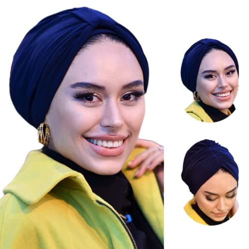 Navy Blue Band Turbans for Women, Breathable Instant Turban|Standard Size Stretchable Cotton, Non-Slip Sandy|For Casual Sports, Swimming, Special Days|Pre-tied Scarf, Hijab Cap&Undercap,Head&Hair Wrap