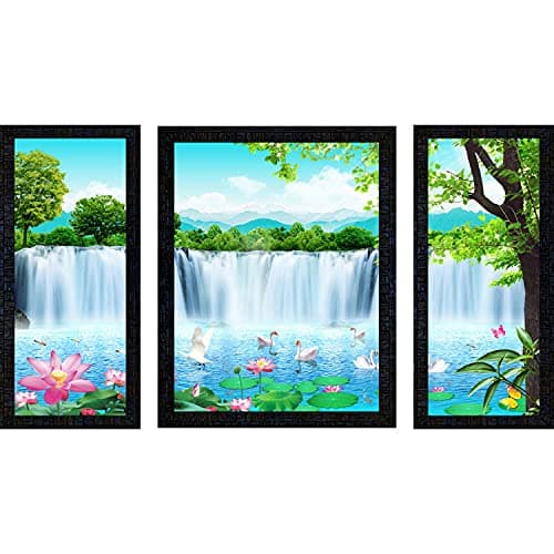 PNF Vastu Waterfall Landscape Scenery UV Textured Synthetic Framed Painting (22x14inch, Medium, Multicolour, Set of 3)
