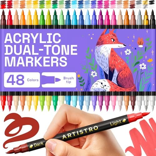 ARTISTRO Paint Markers 48 Colors Acrylic Pens for Rock Glass Fabric DIY Art Supplies 24 Dual Brush Tip Markers