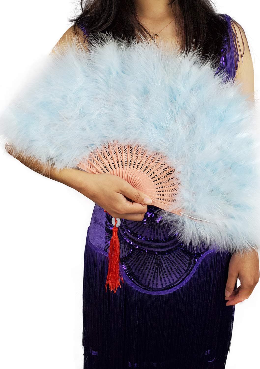 Happy Feather Handheld Marabou Feather Fan 1920s Vintage Style Flapper Hand Fan for Costume Party and DancingLight Blue