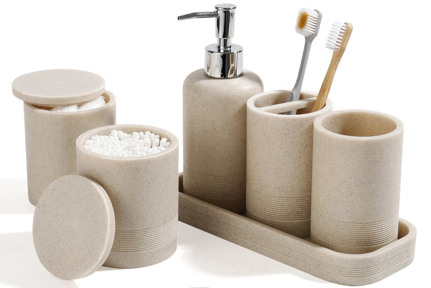 Bathroom Accessories Set 6Piece Bathroom Accessory Set Toothbrush Holders Set Soap Dispenser Vanity Tray Tumbler Cotton Swab Jars Bathroom Organizer for Modern BathroomsBeige