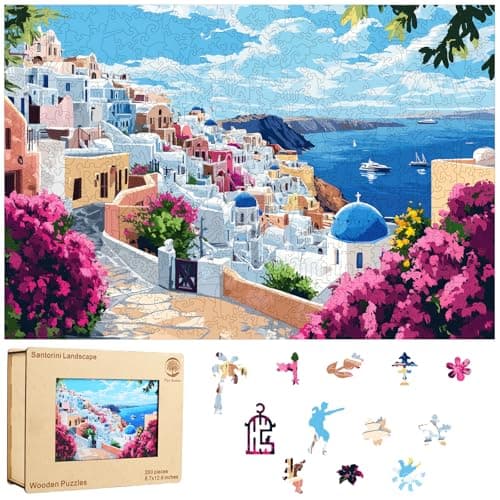 Mys Aurora Scenery Puzzles for Adults Santorini Wooden Puzzles 200 Pieces Unique Shaped Jigsaw Puzzle Birthday Gift Challenging Family Game for Kids and Adults 126 86 inch