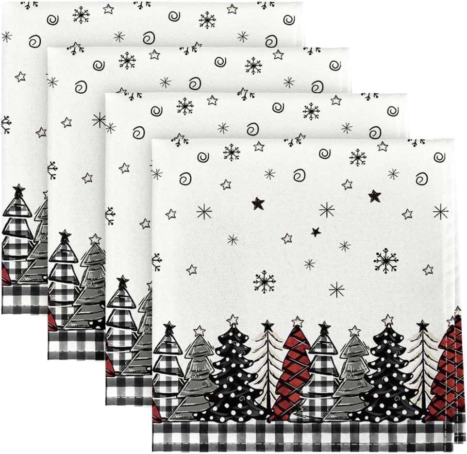 Horaldaily Christmas Cloth Napkins 18 x 18 Inch Christmas Trees Buffalo Plaid Black Party Dinner Decoration Washable Napkins Set of 4