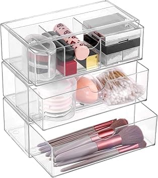 Hejo 3 Pcs Cosmetics Organiser with Drawer Transparent Acrylic Makeup Organisers Storage Stackable Skincare Organiser Simplicit Dressing Table Organisers for Bedroom Bathroom Vanity