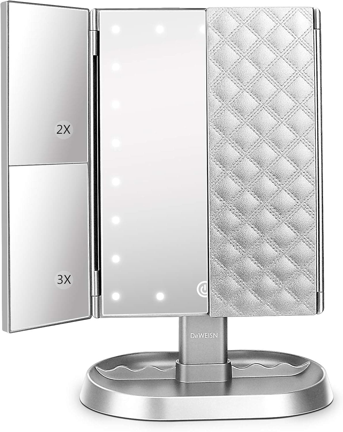 deweisn Trifold Lighted Vanity Makeup Mirror with 21 LED Lights,1/2/3 Magnification and Dimming,Two Power Supplies Makeup Mirror,Gift for Women
