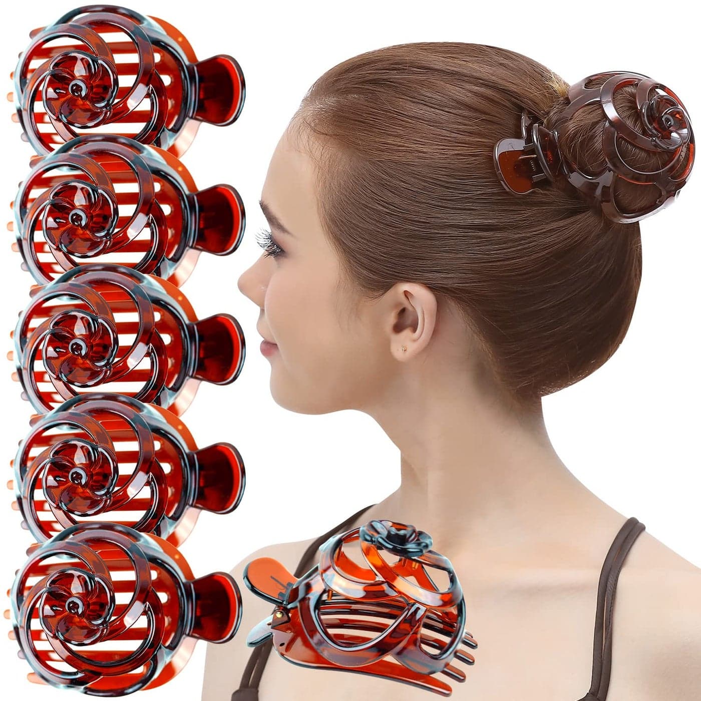 RC ROCHE ORNAMENT 6 Pcs Womens Stylish Rose Dome Comb Clamp Shell Plastic No Slip Strong Secure Grip Side Slide Bun Maker Beauty Accessory Hair Clip Large Brown