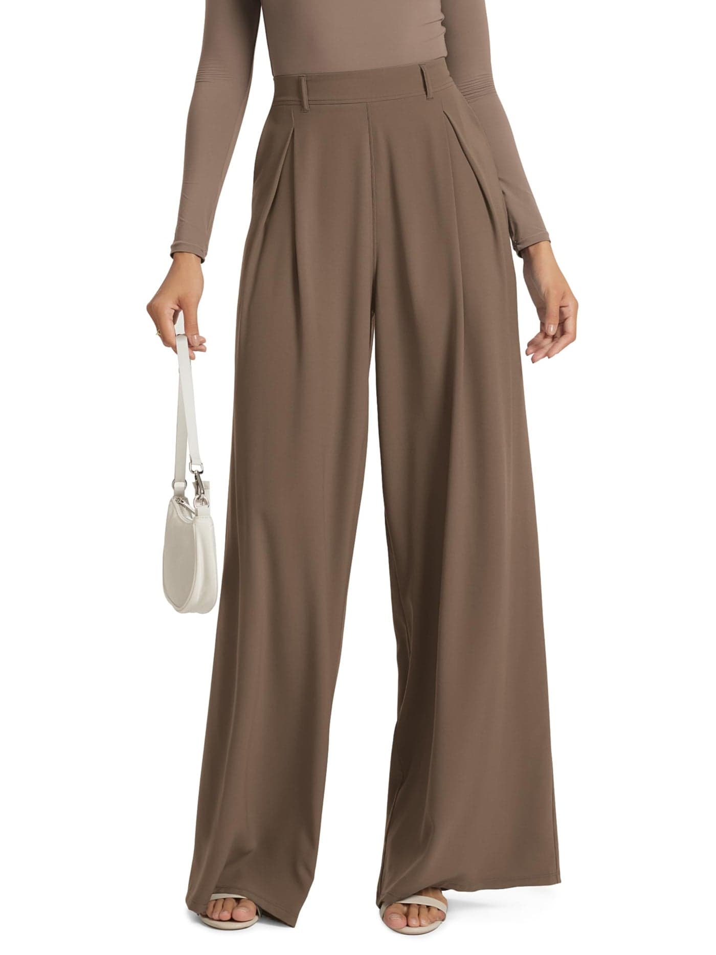 ODODOS Pleated Wide Leg Pants for Women Flowy Lightweight High Waist Trouser with Pockets-31 Inseam, Emperador, X-Small