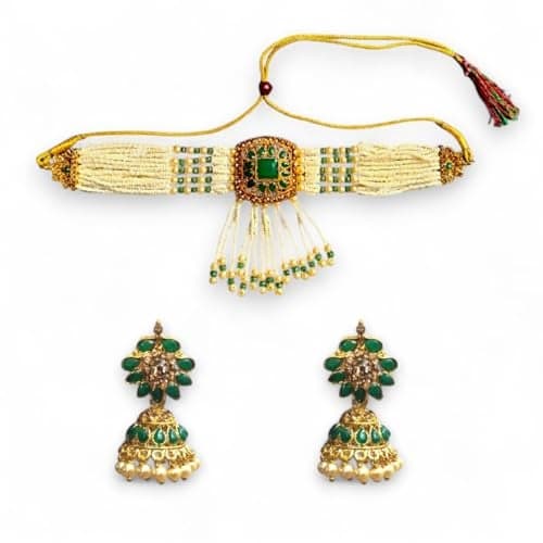 ACCESSHER Pearl Beads Floral Pendant Necklace Set for Women | Elegant Choker & Matching Earrings Jewellery Set | Stylish Necklace Set for Women & Girls (White Green 1)
