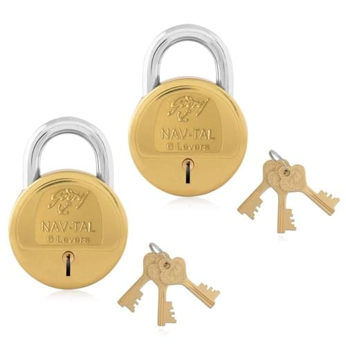 Godrej Locks I Navtal 6 levers 50 mm I 3 Keys I Padlock for Main Door I Gate Lock I Tool Box, Shutters, Shops & Offices I Strong Hardened Corrosion Resistant Shackle I Brass Finish (Pack of 2)