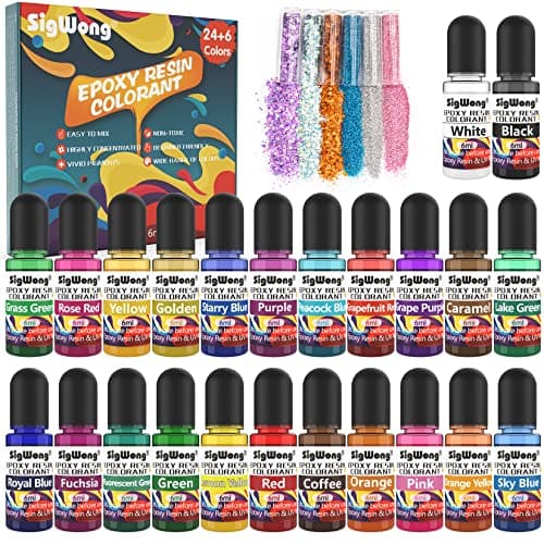 Epoxy Resin Pigment - 24 Colors Liquid Translucent Dye, Highly Concentrated for DIY Jewelry Making, Paint, Craft - 6ml Each, with 6 Colors Resin Glitter