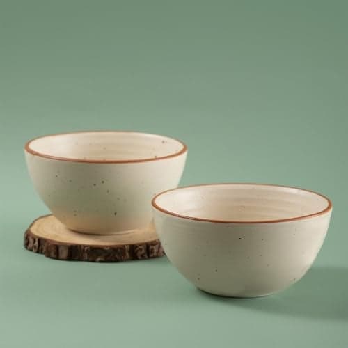 Urban Space Handcrafted Ceramic Bowls Set of 2, Microwave Safe Bowls for Snacks, Cereals, Salad, Mixing Bowls for Kitchen (Capacity - 450 ml, Set of 2 Bowls, Natural Beige)