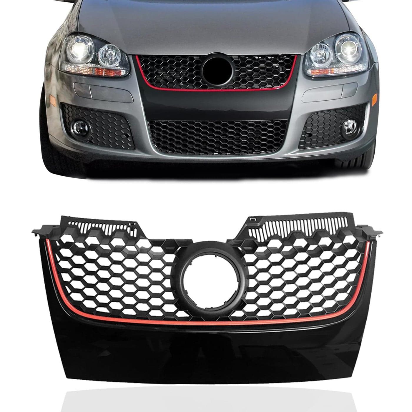 PartsFlow Main Upper Hex Mesh Grill Black WRed Trim Grille Compatible With 2006 2007 2008 2009 VW Volkswagen GTI Jetta