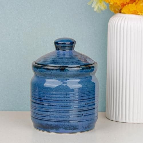 The Earth Store Royal Blue 1000 ML Ceramic Pickle Jar Set of 1 | Barni Jar with Lid | Ceramic Cookie Jar Storage Container for Pickle/Achar, Sauces, Chutney, Sugar (Color May Vary)