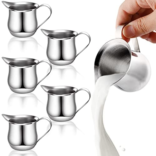 Yesland 6 Pack Creamer Pitcher, 3 oz Small Bell Creamers, Mini Espresso Pouring Cup, Stainless Steel Wide Mouth Pitcher with Pouring Spout for Cream, Milk & Sauce, Maple Syrup