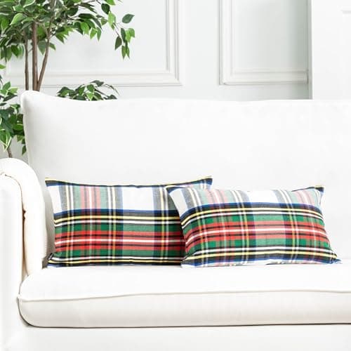 Hofdeco Premium Christmas Indoor Outdoor Lumbar Pillow Cover Only 12x20 Water Repellent for Holiday Backyard Couch Scottish Tartan Plaid C