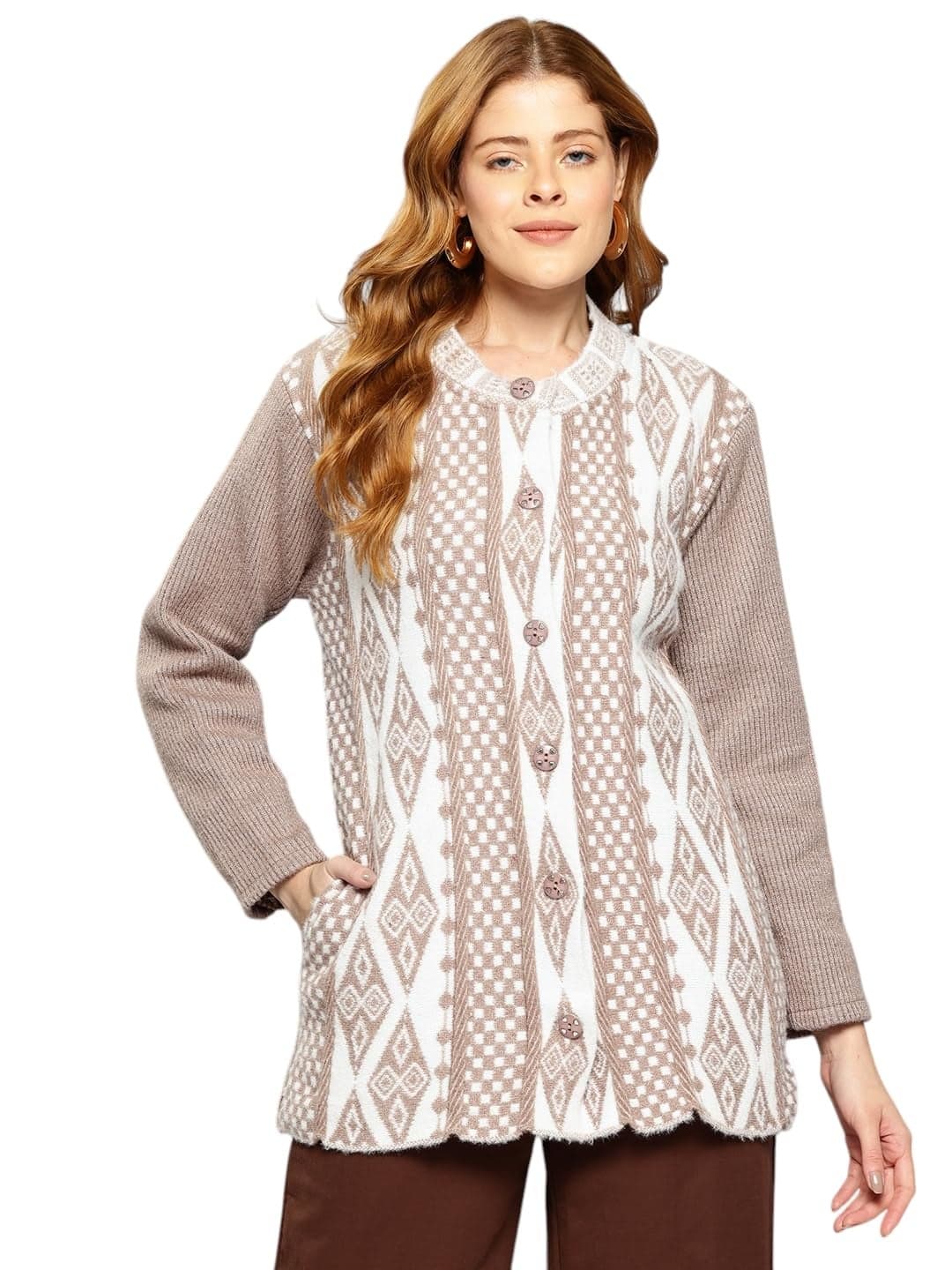 Aarika Womens Casual Wear Beige Colour Geometric Woolen Cardigan-(M-XL)-(CG-W-MD-31-BEIGE-XL)